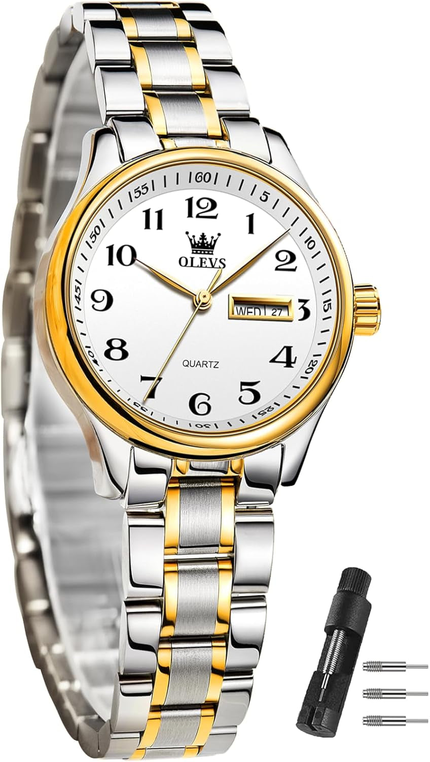 Women Watches Date and Day,Ladies Watches with Silver Gold Stainless Steel,Elegent Female for Small Wrist Watch(White/Black/Blue/Gold Face)