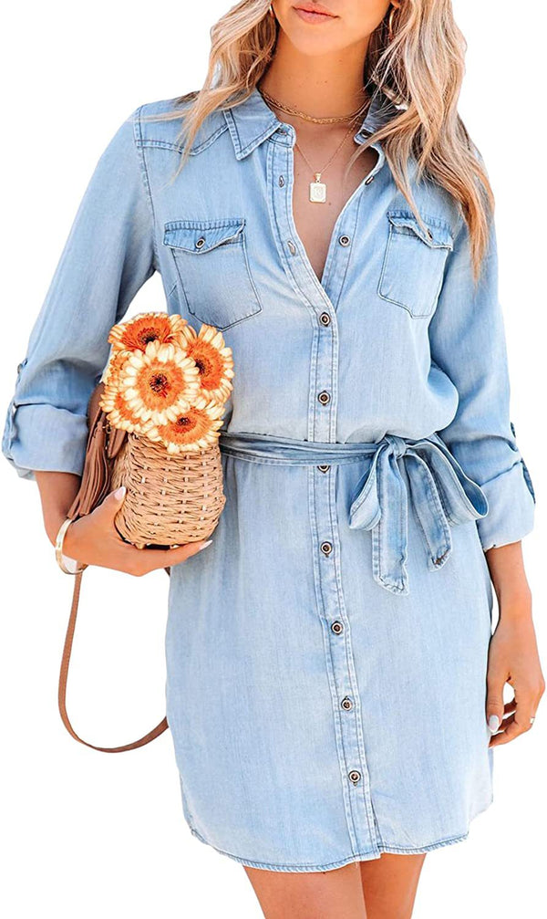 Cross-Border Women's Casual Long Sleeve Denim Dress