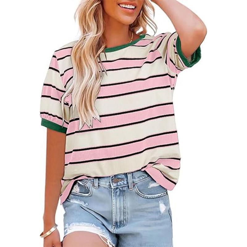 Womens Summer Tops Striped Color Block Short Sleeve T-Shirts Crewneck Casual Loose Basic Tee Blouses Outdoor Day Shirts Women