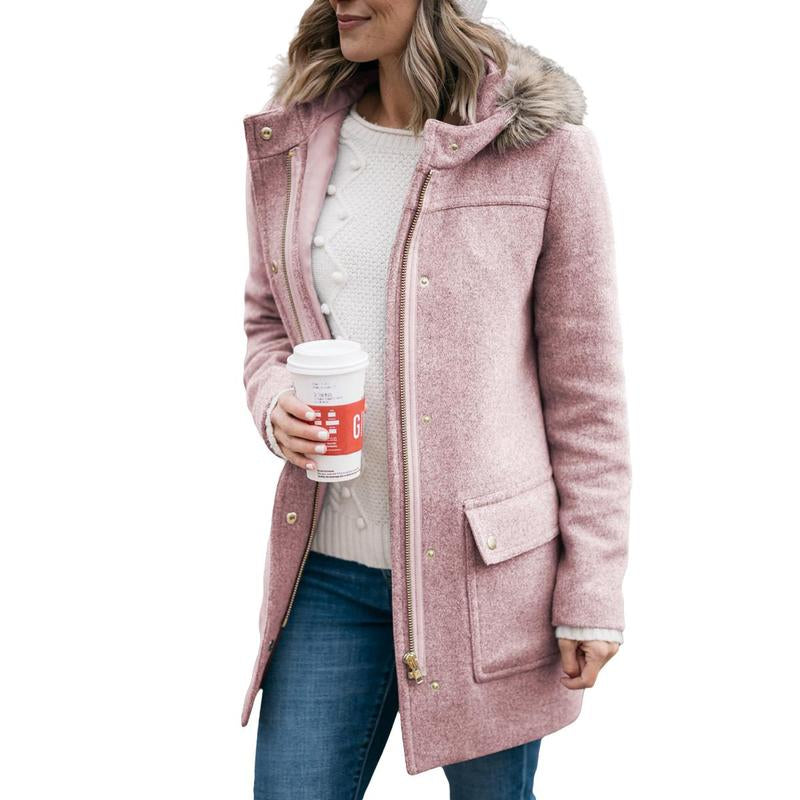 Goranbon Womens Coats Fall Winter Mid Length Thick Warm Pea Coat Elegant Faux Wool Coat with Detachable Hat Jacket Outerwear