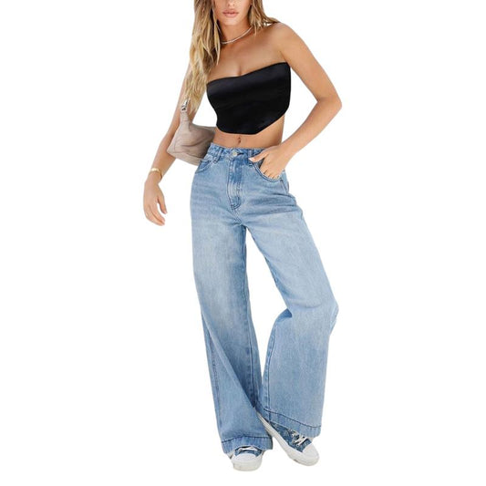2022 New Style Women´S Casual Loose Jeans Breathable Wide-Leg Pants with Pockets Summer Spring Fashion Denim Long Trouser