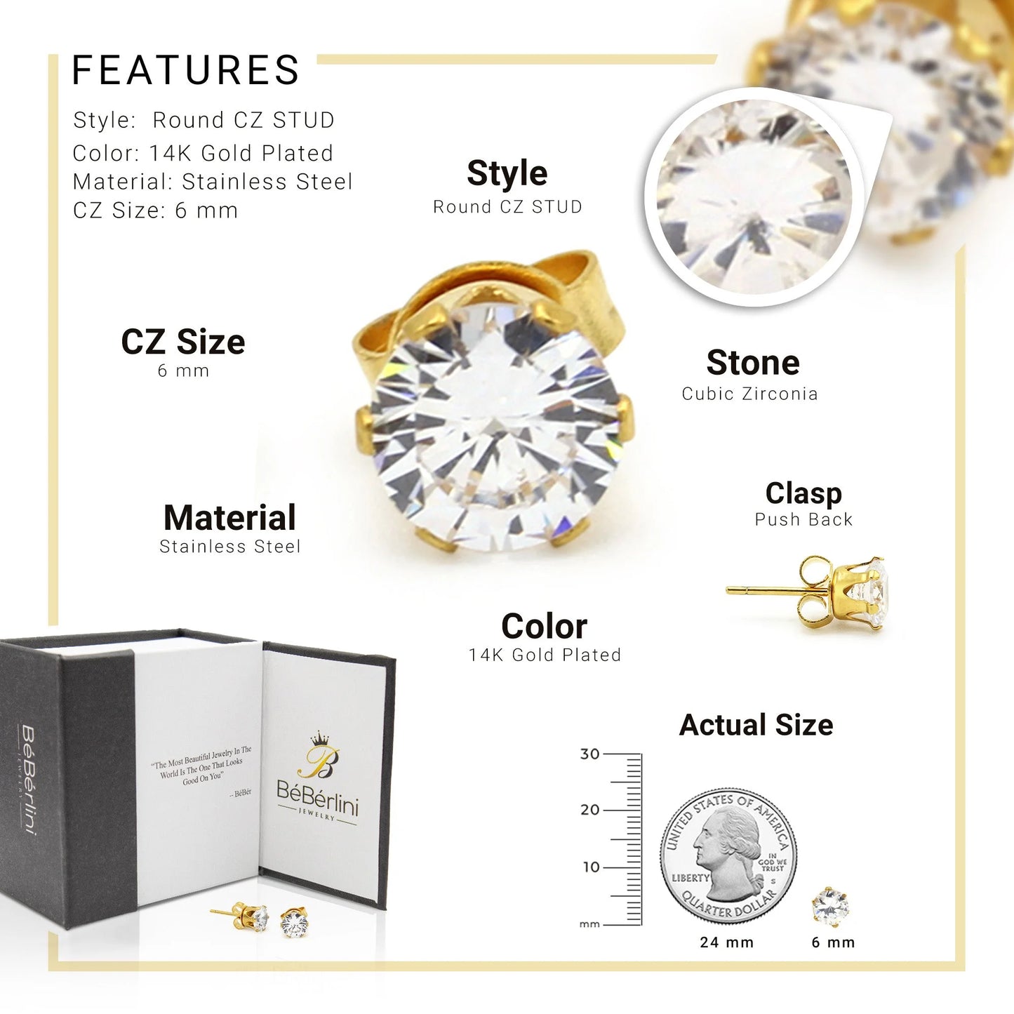 Men Stud Earrings CZ 14K Gold Plated Stainless Steel Jewelry round 6 Mm