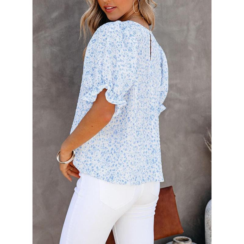 Dokotoo Floral Print Blouses for Women Crewneck Smocked Puff Sleeve Shirts Casual Babydoll Tops