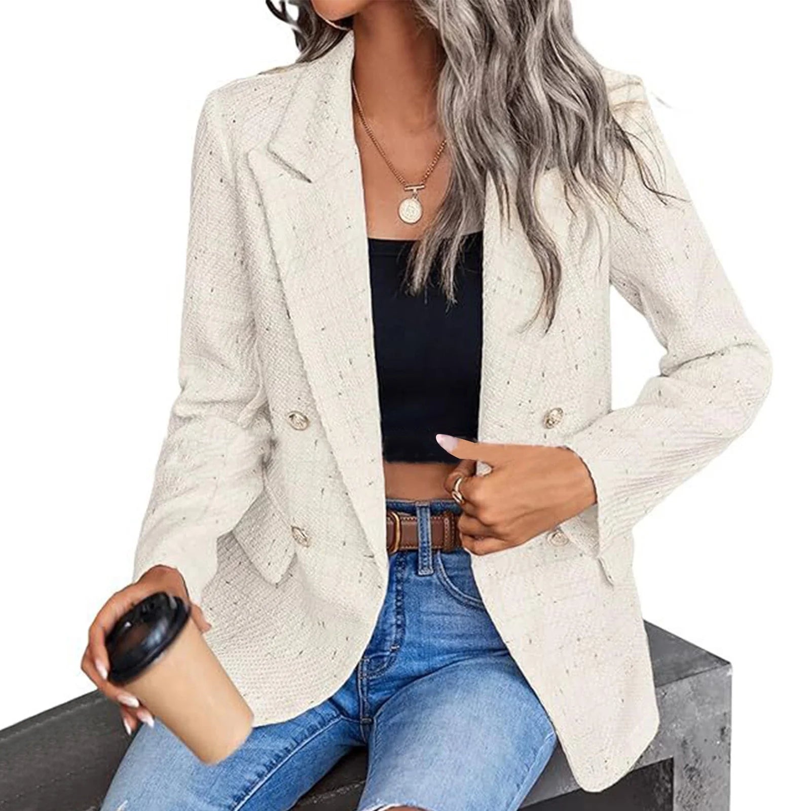 Women'S Blazers Tweed Plaid Blazer Jacket Fashion Business Casual Lapel Elegant Coat with Pockets (Beige,S)