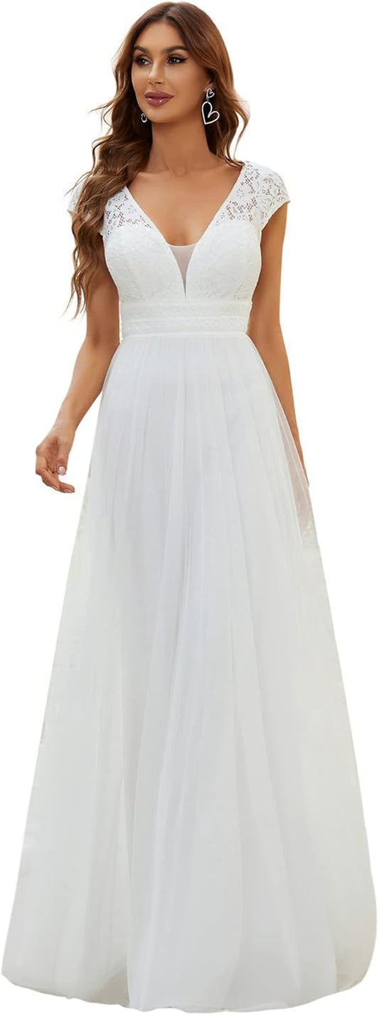 Women'S V-Neck Lace Long A-Line Cap Sleeve plus Size Wedding Party Dresses for Dinner Party White US14