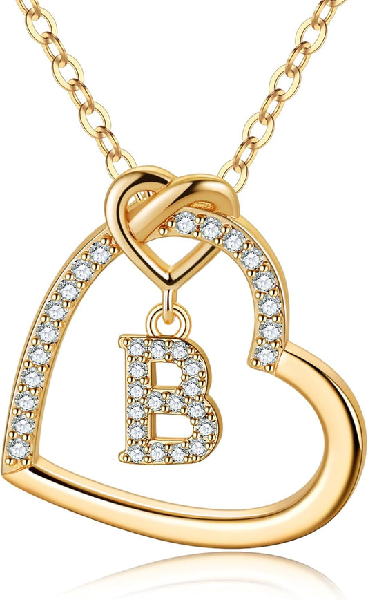Heart Initial Necklaces for Girls Teen Women, 14K Gold Plated Cubic Zirconia Heart Pendant Necklace, Dainty Initial Heart Necklace Letter a - Z Jewelry Gifts for Girls Women
