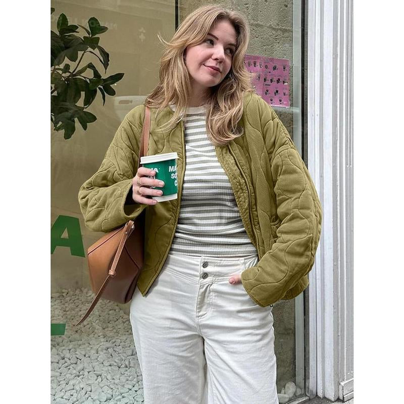 Womens Collarless Lightweight Quilted Jackets Casual Oversized Puffer Coats Zip up Drawstring Outerwe