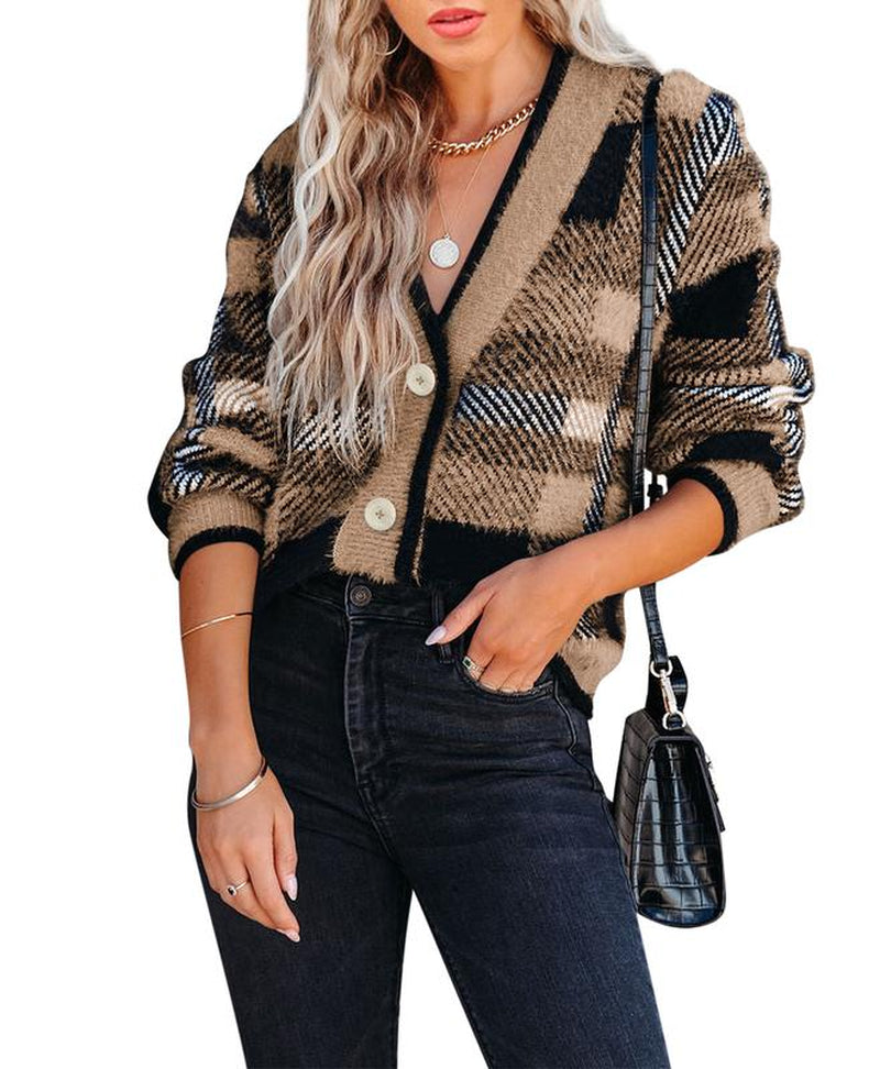 Womens Cardigan Sweaters Plaid Fuzzy Knit V Neck Button down Long Sleeve Cozy Cardigans Pullover Tops