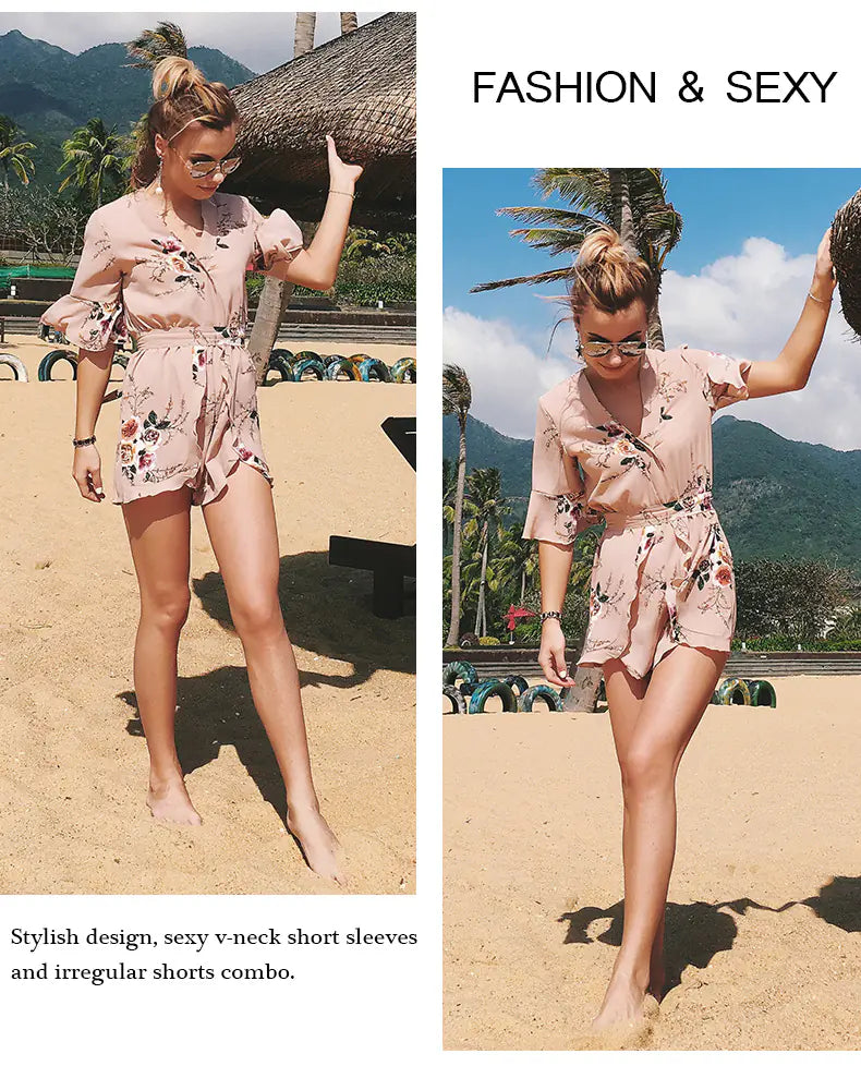 Bohemian V-Neck Ruffled Sleeve Print Jumpsuit Dress