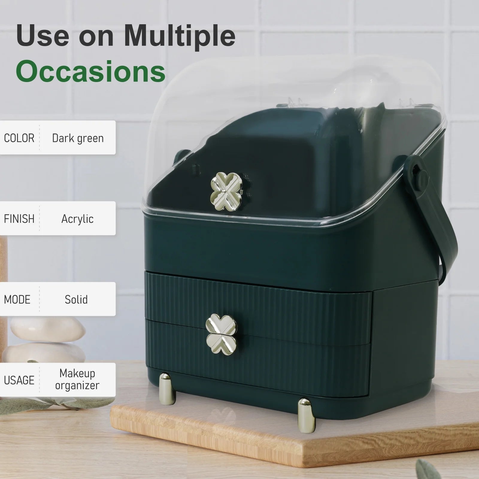 Makeup Organizer Cosmetics Storage with Fully Open Lid, Green, Countertop Cosmetics Display Case, Dresser, Ideal Gift for Women (Dark Green), 10.23*7.08*14.17In