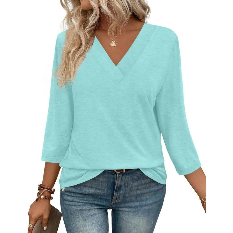 WIHOLL 3/4 Length Sleeve Womens Tops V Neck Casual Tunic Tops Basic Shirts Loose Fit Blouse