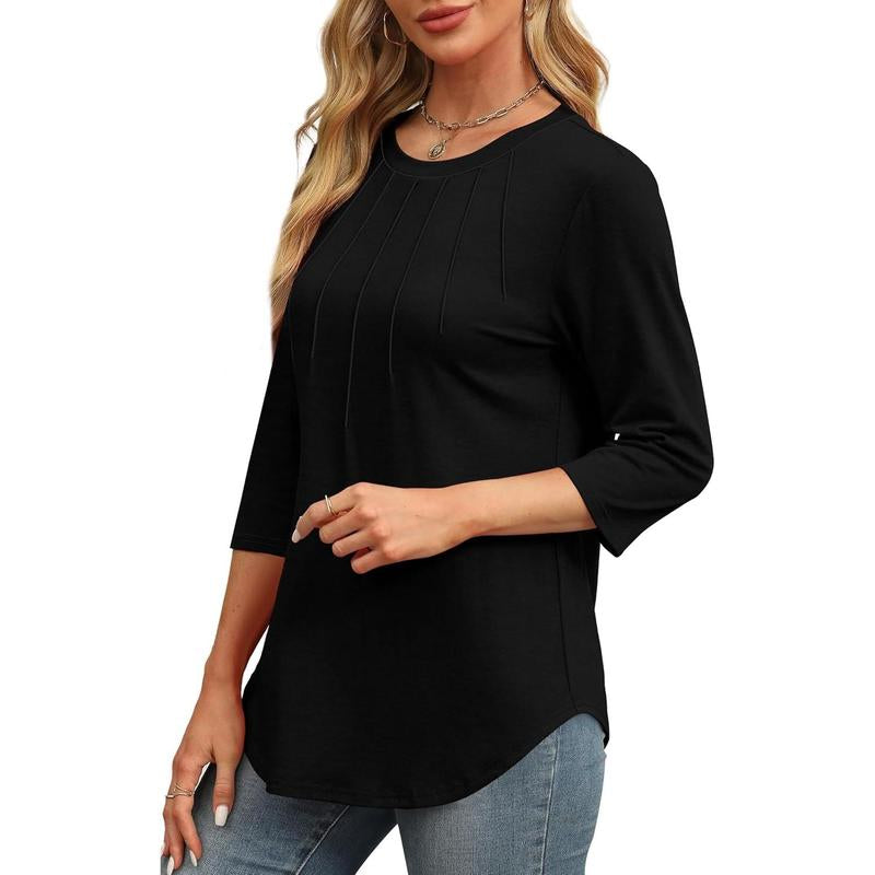 WIHOLL 3/4 Length Sleeve Womens Tops round Neck Casual Tunic Tops Basic Pleated Shirts Loose Fit 2024