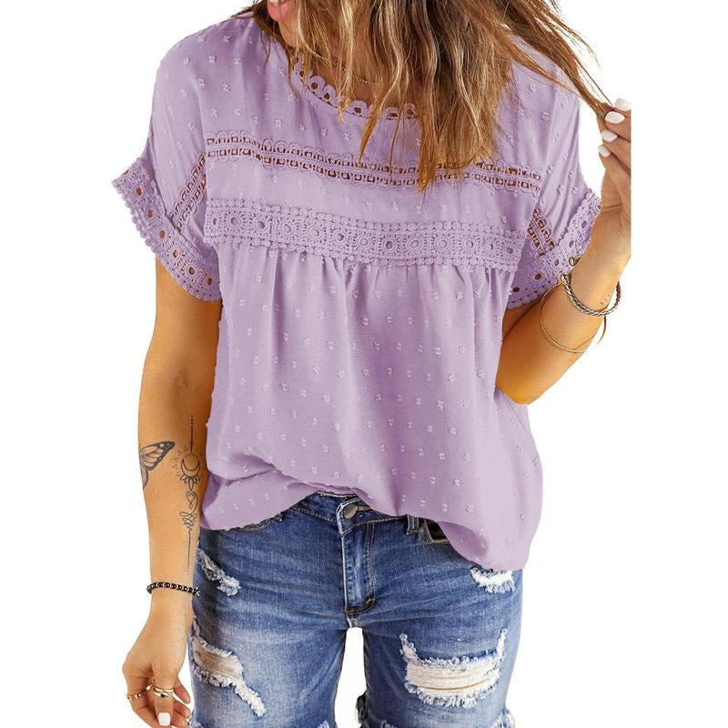 Dokotoo Womens Summer Tops Crewneck Lace Crochet Short Sleeve Shirts Casual Chiffon Blouses