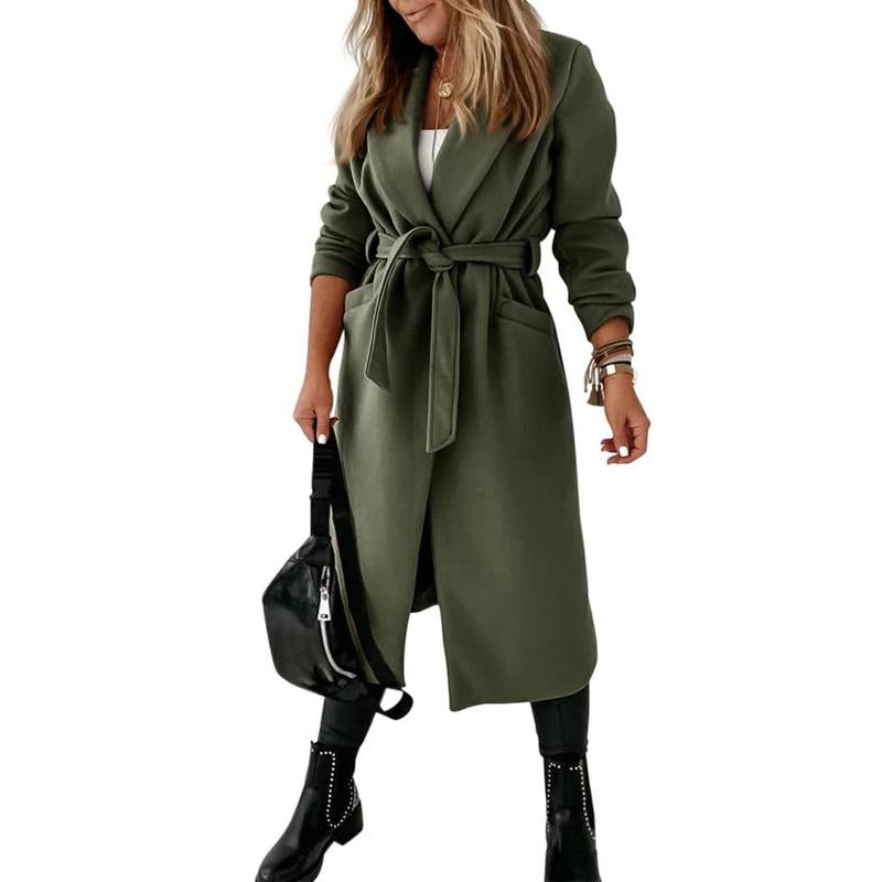 Imily Bela Womens Classic Coat Lapel Collar Open Front Belted Long Jacket M9S050