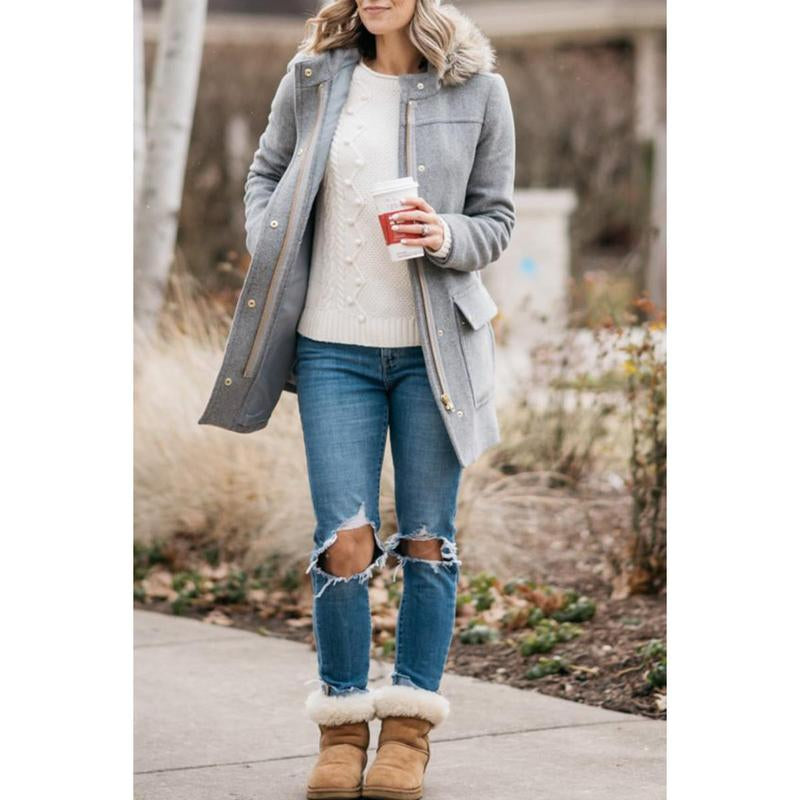 Goranbon Womens Coats Fall Winter Mid Length Thick Warm Pea Coat Elegant Faux Wool Coat with Detachable Hat Jacket Outerwear