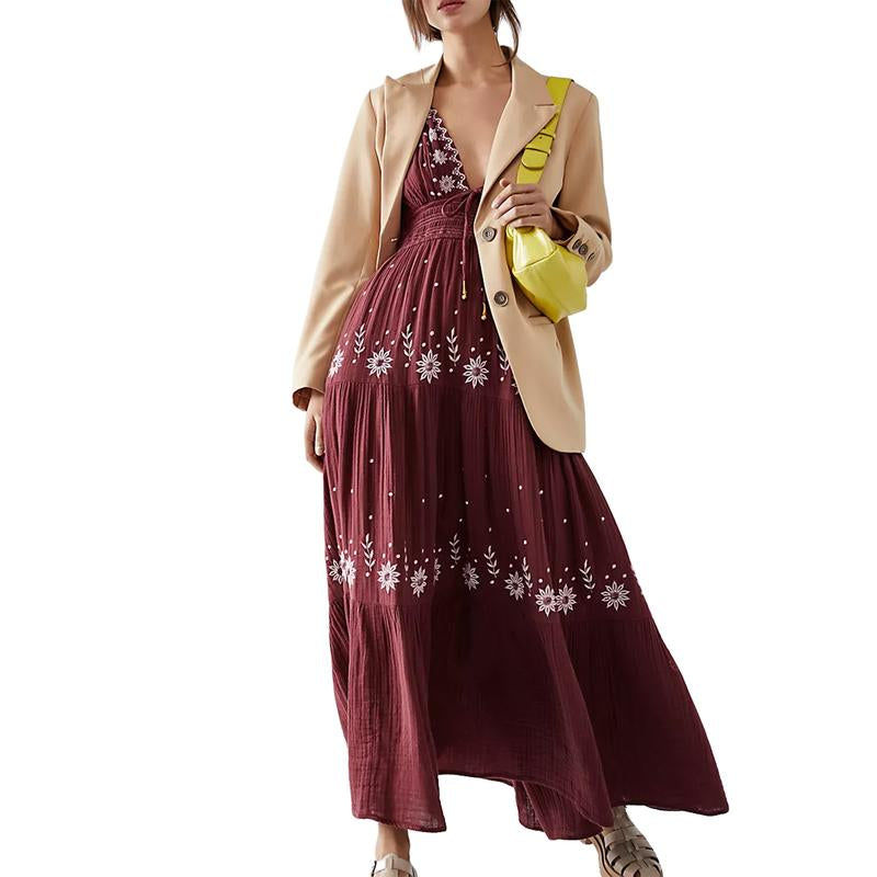 Embroidered Boho Maxi Dress for Women Spaghetti Strap Open Back Embroidered Tiered Swing Summer Long Dress Y2K Vacation Sundress