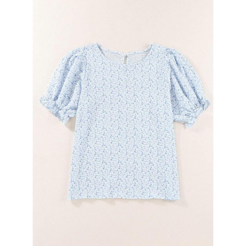 Dokotoo Floral Print Blouses for Women Crewneck Smocked Puff Sleeve Shirts Casual Babydoll Tops