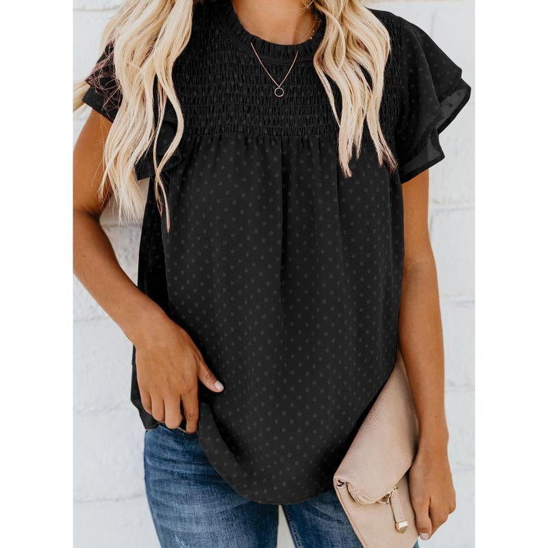 Dokotoo Womens Crewneck Lace Crochet Pom Pom Flowy Short Sleeve Casual Shirts Blouses Tops Summer Fit Denim Fashion Women'S Summer Outfits