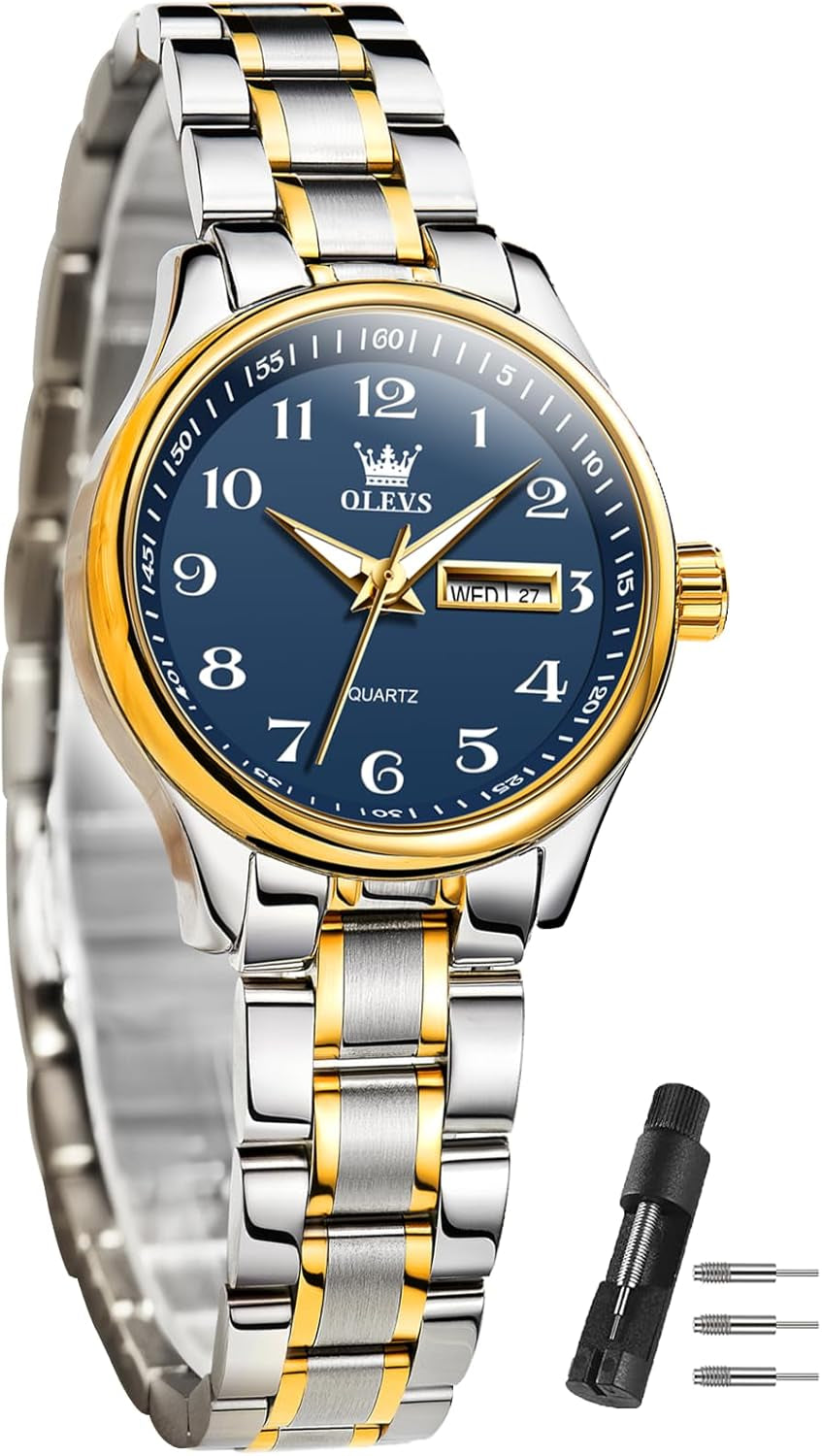 Women Watches Date and Day,Ladies Watches with Silver Gold Stainless Steel,Elegent Female for Small Wrist Watch(White/Black/Blue/Gold Face)