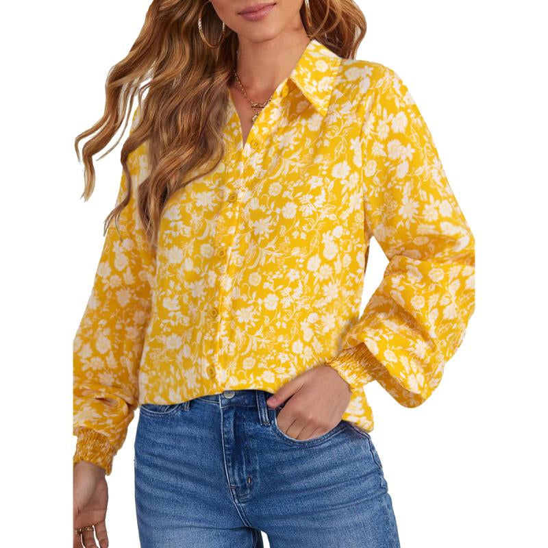 Dokotoo Women'S Casual V Neck Allover Floral Print Long Sleeve Chiffon Button down Blouses Bohemian Top Shirts