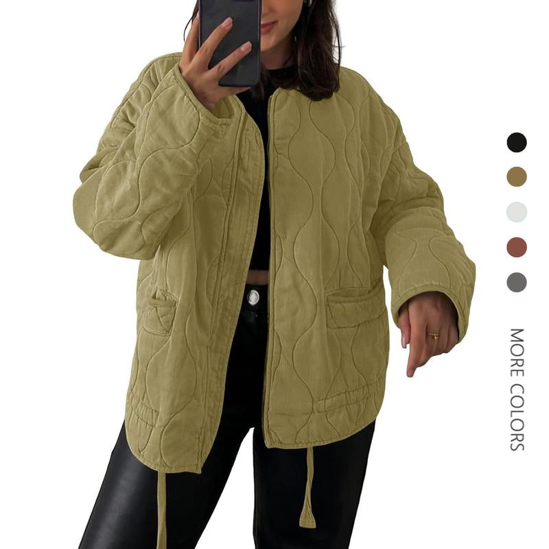 Womens Collarless Lightweight Quilted Jackets Casual Oversized Puffer Coats Zip up Drawstring Outerwe