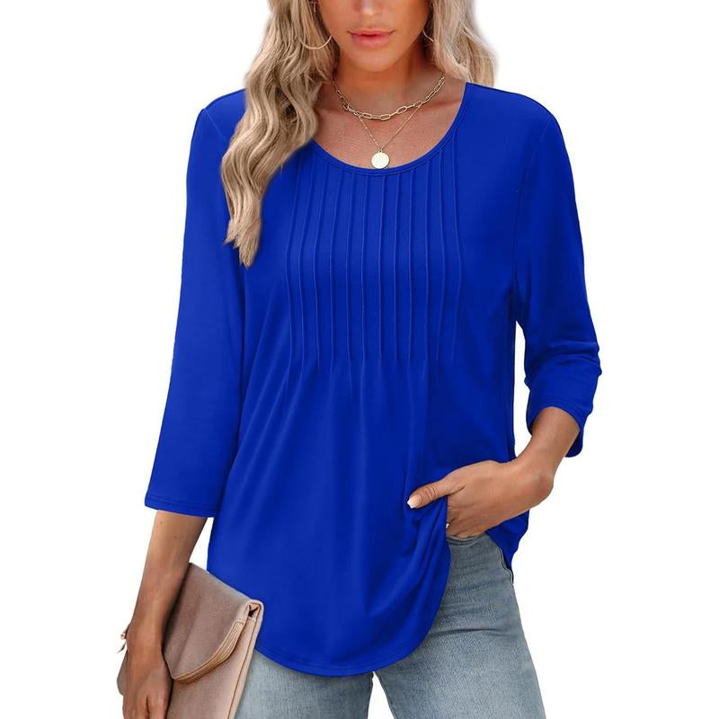 WIHOLL 3/4 Length Sleeve Womens Tops 2025 Crewneck Casual Pleated Tunic Tops Loose Fit Shirts Blouses Curved Hem