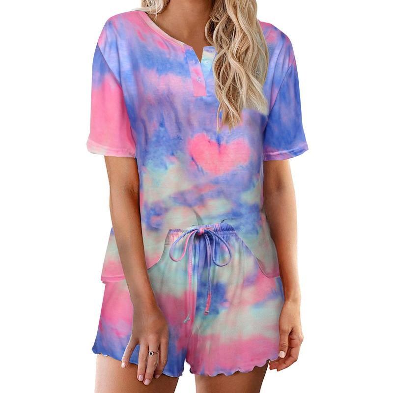 Ekouaer Tie Dye Pajamas Set Womens Loungewear Sleepwear 2 Piece PJ Sets Soft Womenswear Elastic Chic Comfy Casual Crewneck Fits Short Sleeve Jersey Light Drawstring Anniversary Bridal Dress Ladies Party Suit