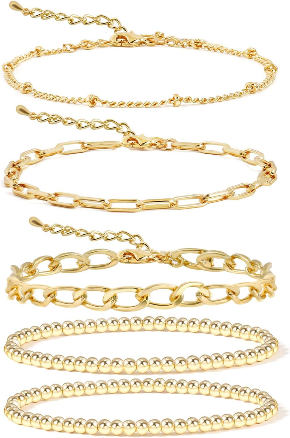 Gold Beaded Bracelets for Women Gold Bracelets for Women Plated Chain Link Bracelet Stretchable Bracelet… (Gold-01(5Pcs-G))…