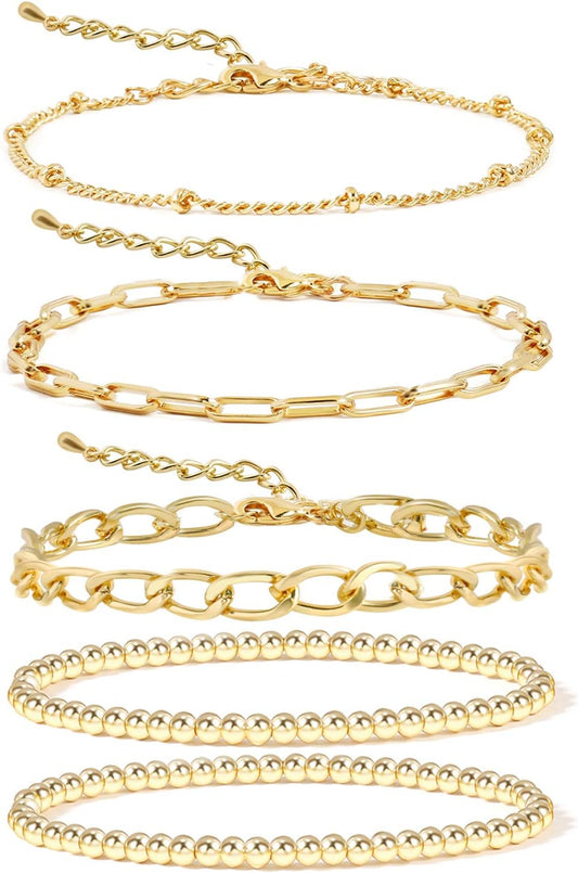 Gold Beaded Bracelets for Women Gold Bracelets for Women Plated Chain Link Bracelet Stretchable Bracelet… (Gold-01(5Pcs-G))…