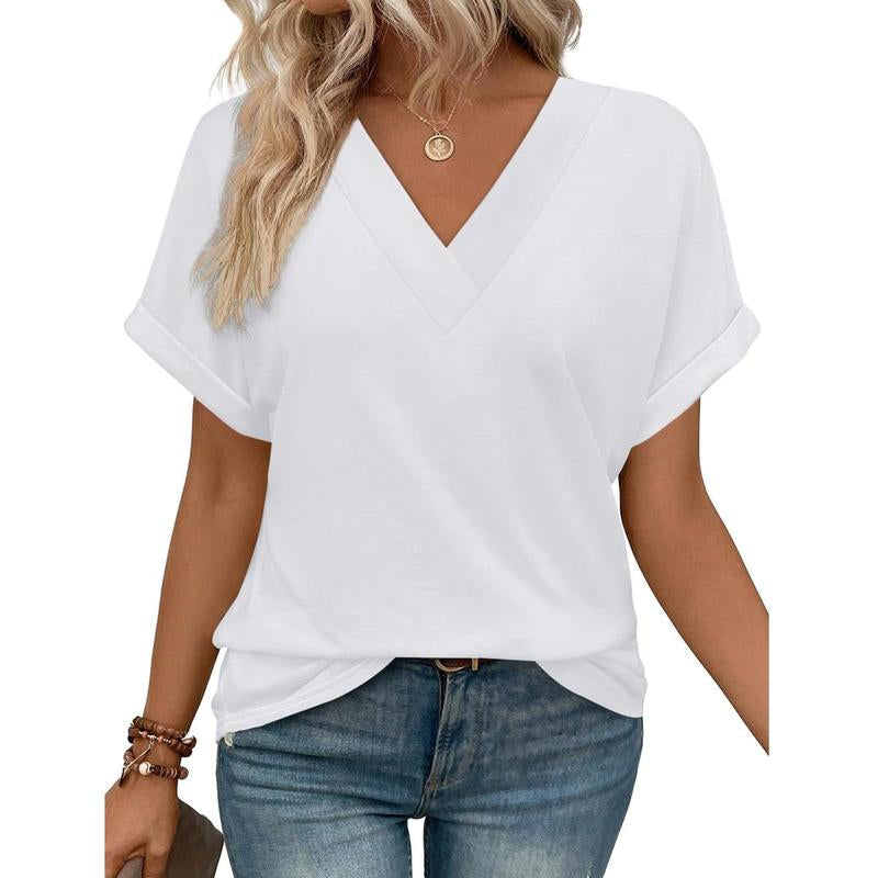 WIHOLL 3/4 Length Sleeve Womens Tops V Neck Casual Tunic Tops Basic Shirts Loose Fit Blouse