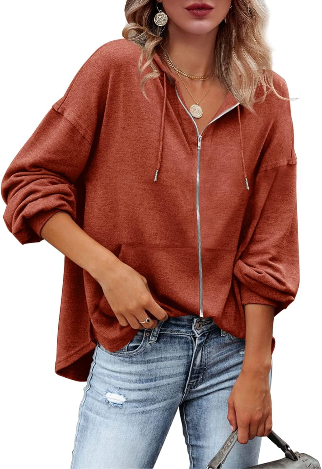 Womens Zip up Hoodies Loose Fit Sweatshirt Casual Long Sleeve Shirts for Women Pullover Tops with Pocket