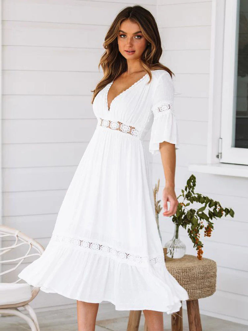 Summer White Long Dress Women Boho Hollow Out Patchwork Dress Short Sleeve V-Neck Loose Dress Fashion Casual Elegant Woman Dress