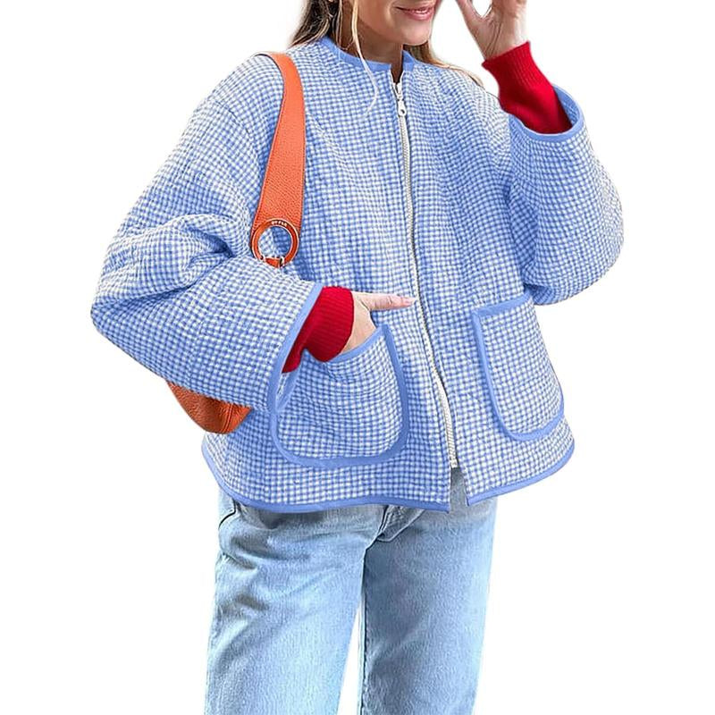 LAICIGO Womens Fall Winter Warm Jackets Fashion Crew Neck Quilted Plaid Jacket Full Zipper Coats