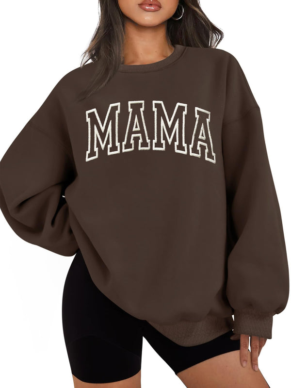 ELDPS Mama Sweatshirts for Women Embroidered Mama Shirt Oversized Mom Crewneck Pullover Hoodies Long Sleeve Brown