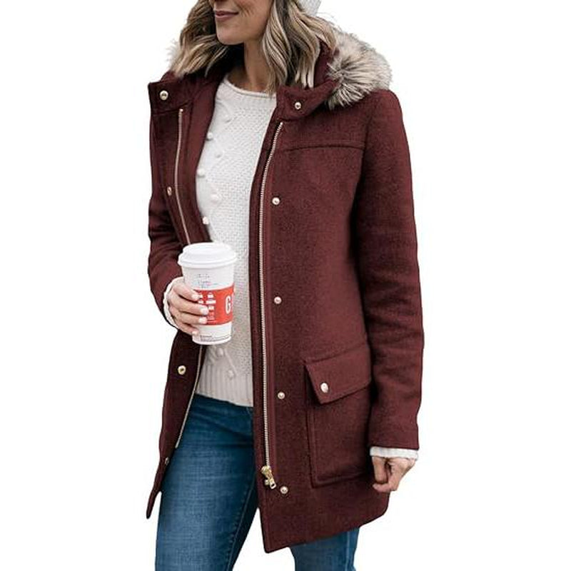 Goranbon Womens Coats Fall Winter Mid Length Thick Warm Pea Coat Elegant Faux Wool Coat with Detachable Hat Jacket Outerwear