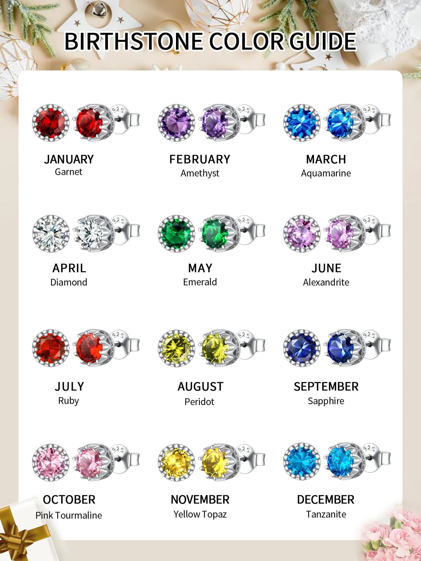 925 Sterling Silver Stud Earrings for Women 5Mm round Brilliant Crown Birthstone Birthday Party Prom Jewelry Gift