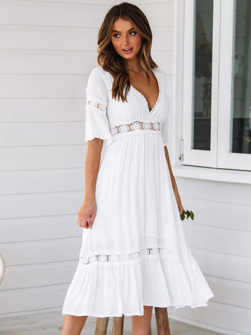 Summer White Long Dress Women Boho Hollow Out Patchwork Dress Short Sleeve V-Neck Loose Dress Fashion Casual Elegant Woman Dress