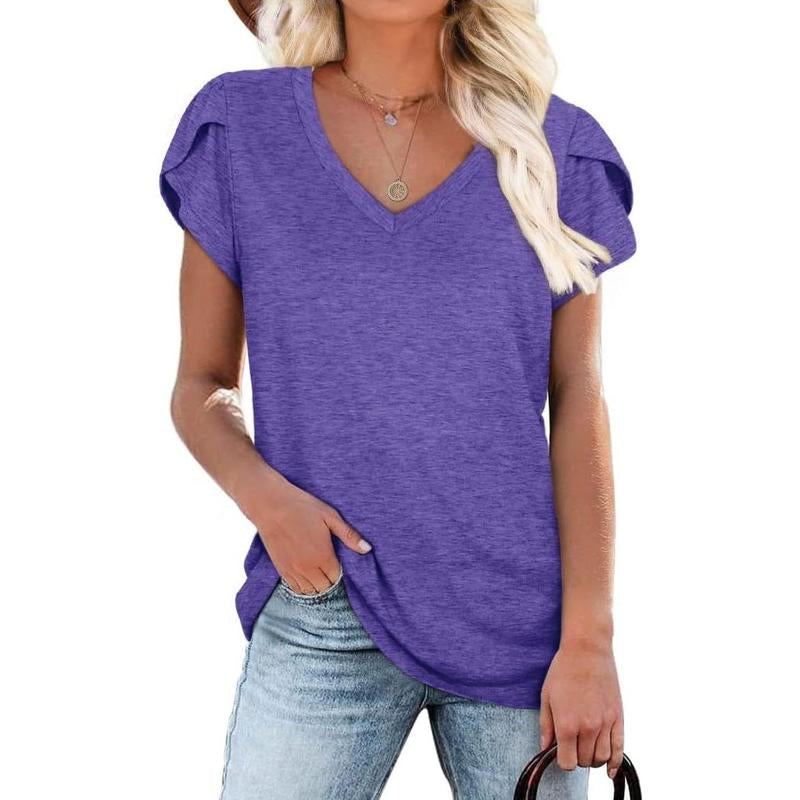 WIHOLL Womens Tops V Neck Summer Petal Sleeve Casual Tshirts