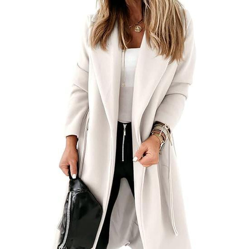 Imily Bela Womens Classic Coat Lapel Collar Open Front Belted Long Jacket M9S050