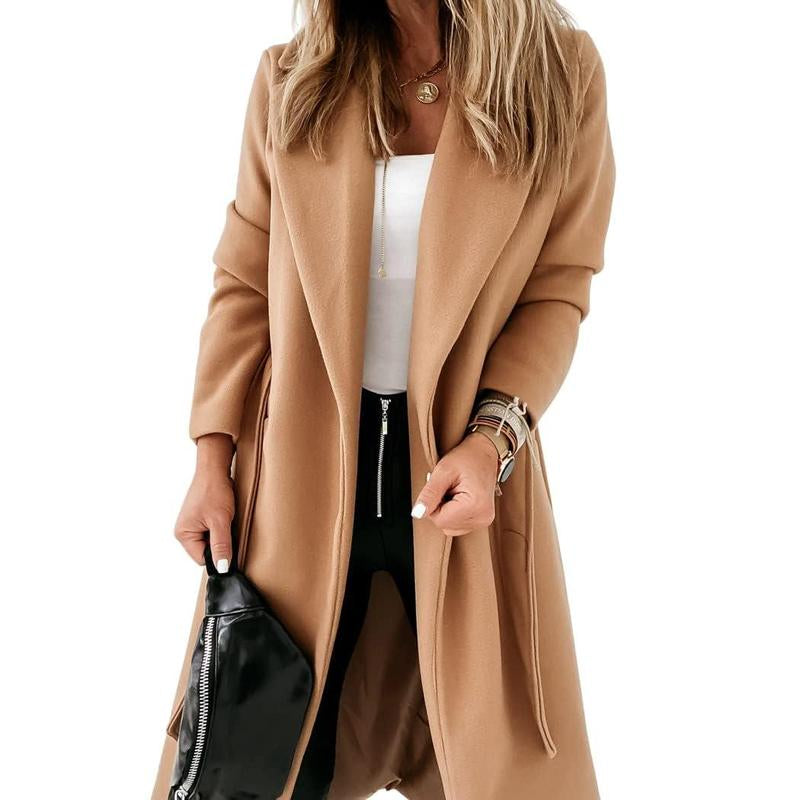 Imily Bela Womens Classic Coat Lapel Collar Open Front Belted Long Jacket M9S050