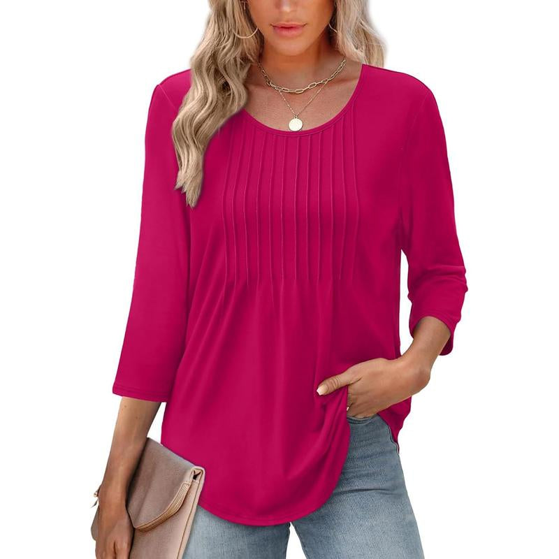 WIHOLL 3/4 Length Sleeve Womens Tops 2025 Crewneck Casual Pleated Tunic Tops Loose Fit Shirts Blouses Curved Hem