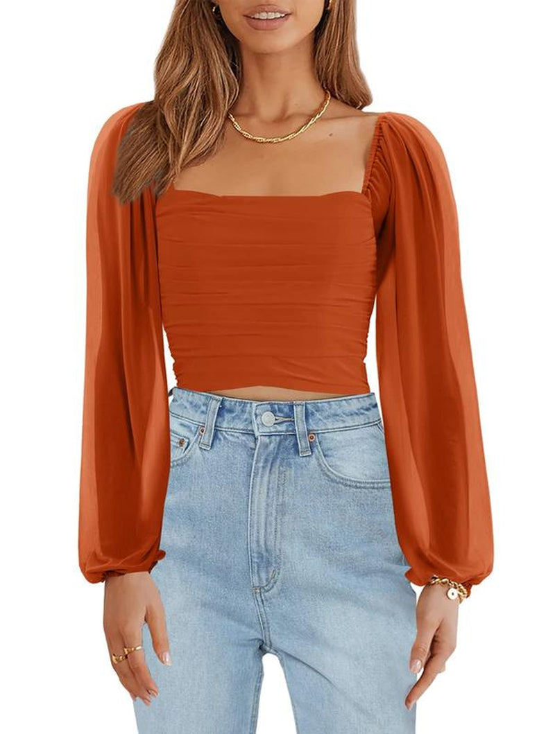 Tankaneo Women'S Summer Mesh Long Sleeve Tops Square Neck Ruched Party Club Casual Crop Blouse Shirt RP5408