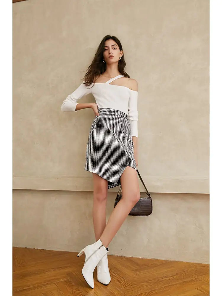 Houndstooth Irregular Skirt for Women
