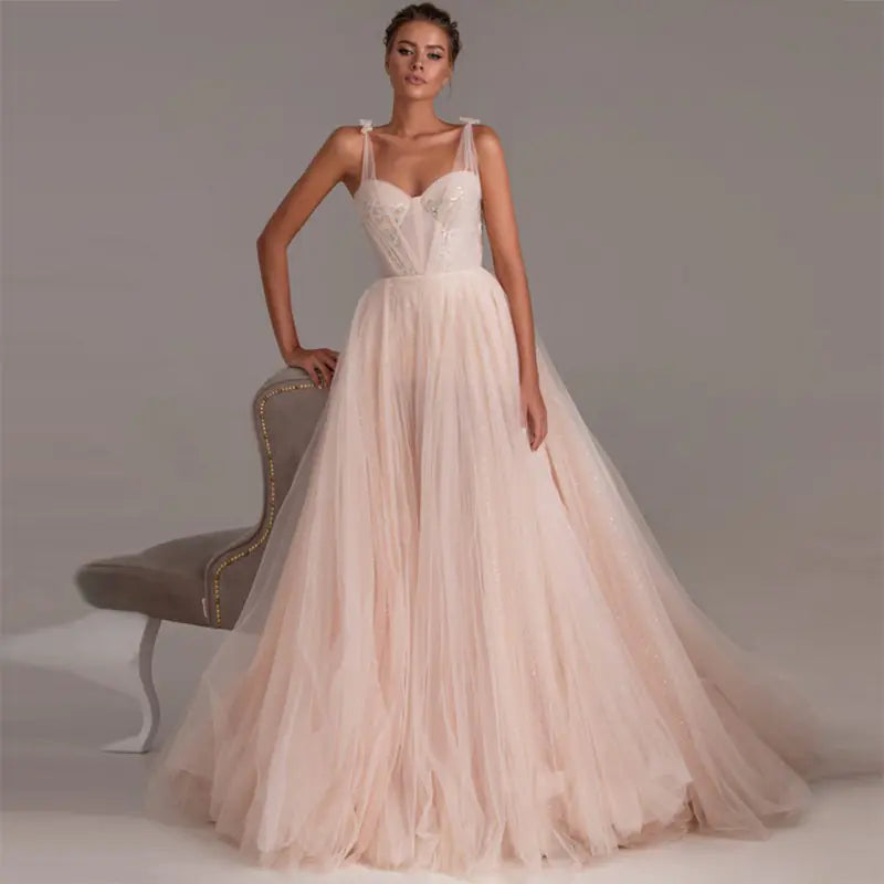 Champagne Color Strap Wedding Dress