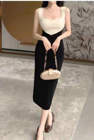 Black and White Color-Blocked Midi Party Dress