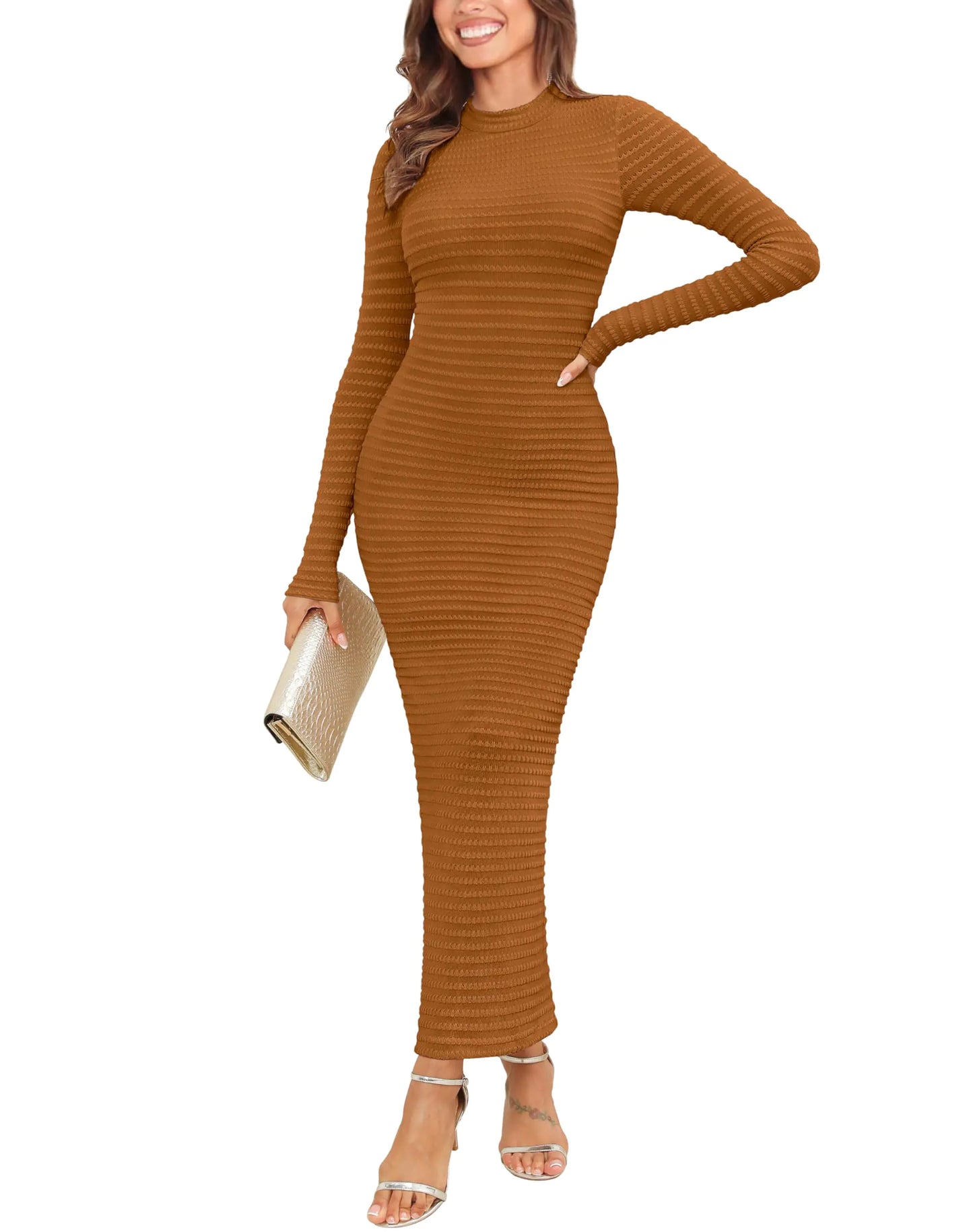 Kranda Women Spring 2024 Winter Long Sleeve Sweater Dress High Neck Slim Fit Knit Sexy Bodycon Maxi Dress Evening Party Cocktail Wedding Guest Dress Brown Dress X-Large