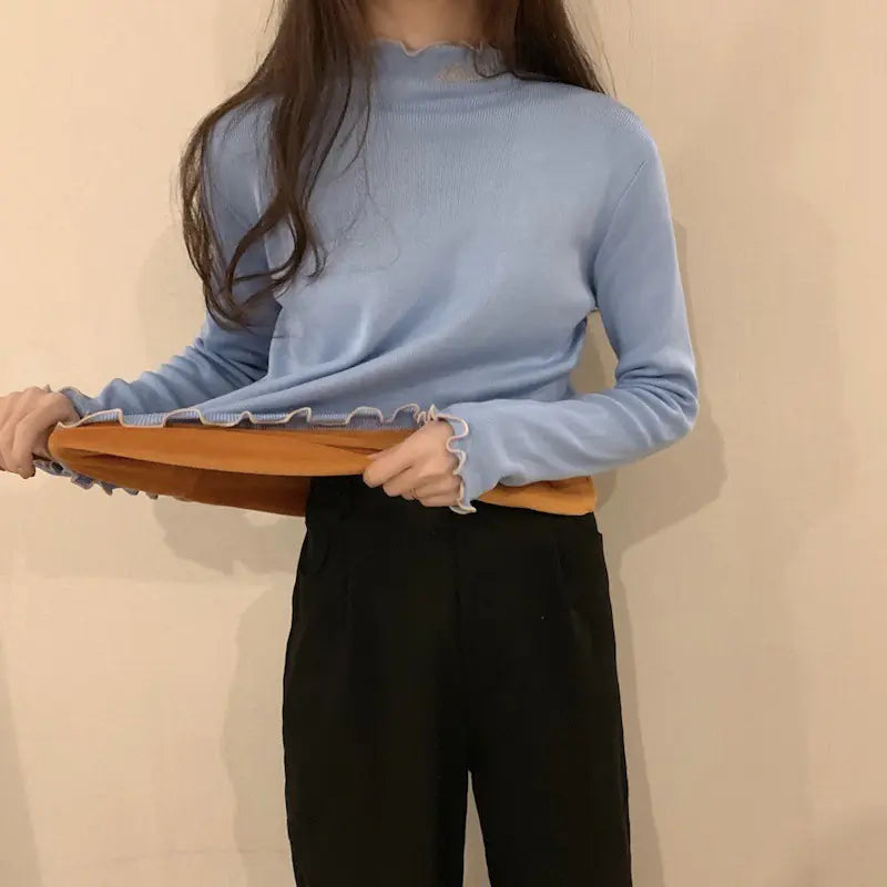 Korean Style Thick High Neck Embroidered Knit Top