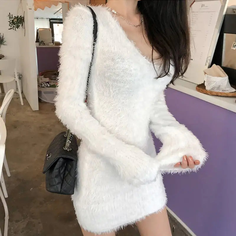 V-neck Thickened Elastic Sweater Dress for Fall/Winter