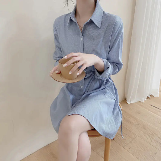 Mid-Length Striped Shirt Dress for Women, Autumn Style