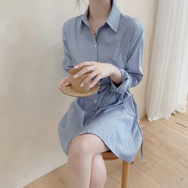 Mid-Length Striped Shirt Dress for Women, Autumn Style